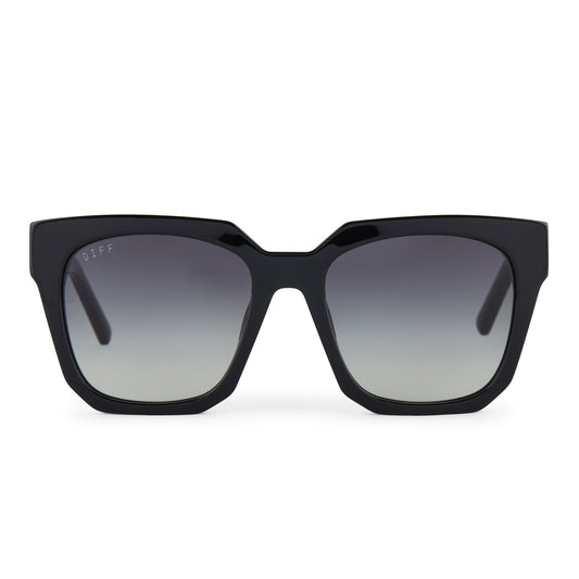 diff eyewear featuring the ariana square sunglasses with a black frame and grey gradient lenses front view