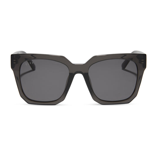 diff eyewear featuring the ariana square sunglasses with a black smoke crystal frame and grey lenses front view