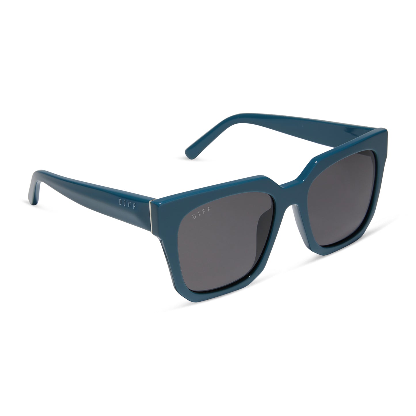 diff eyewear featuring the ariana square sunglasses with a deep space blue frame and grey lenses angled view