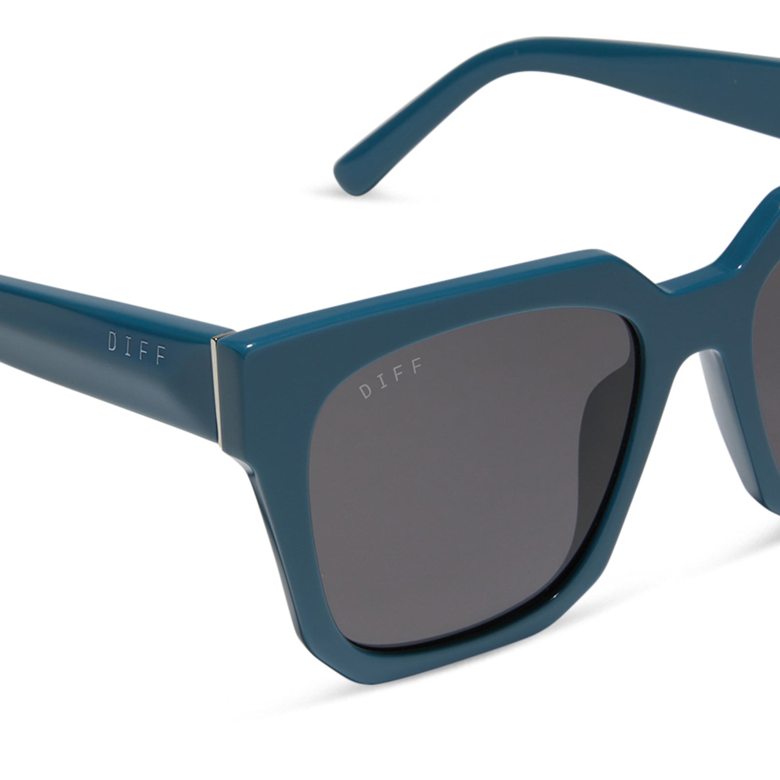 diff eyewear featuring the ariana square sunglasses with a deep space blue frame and grey lenses detailed view