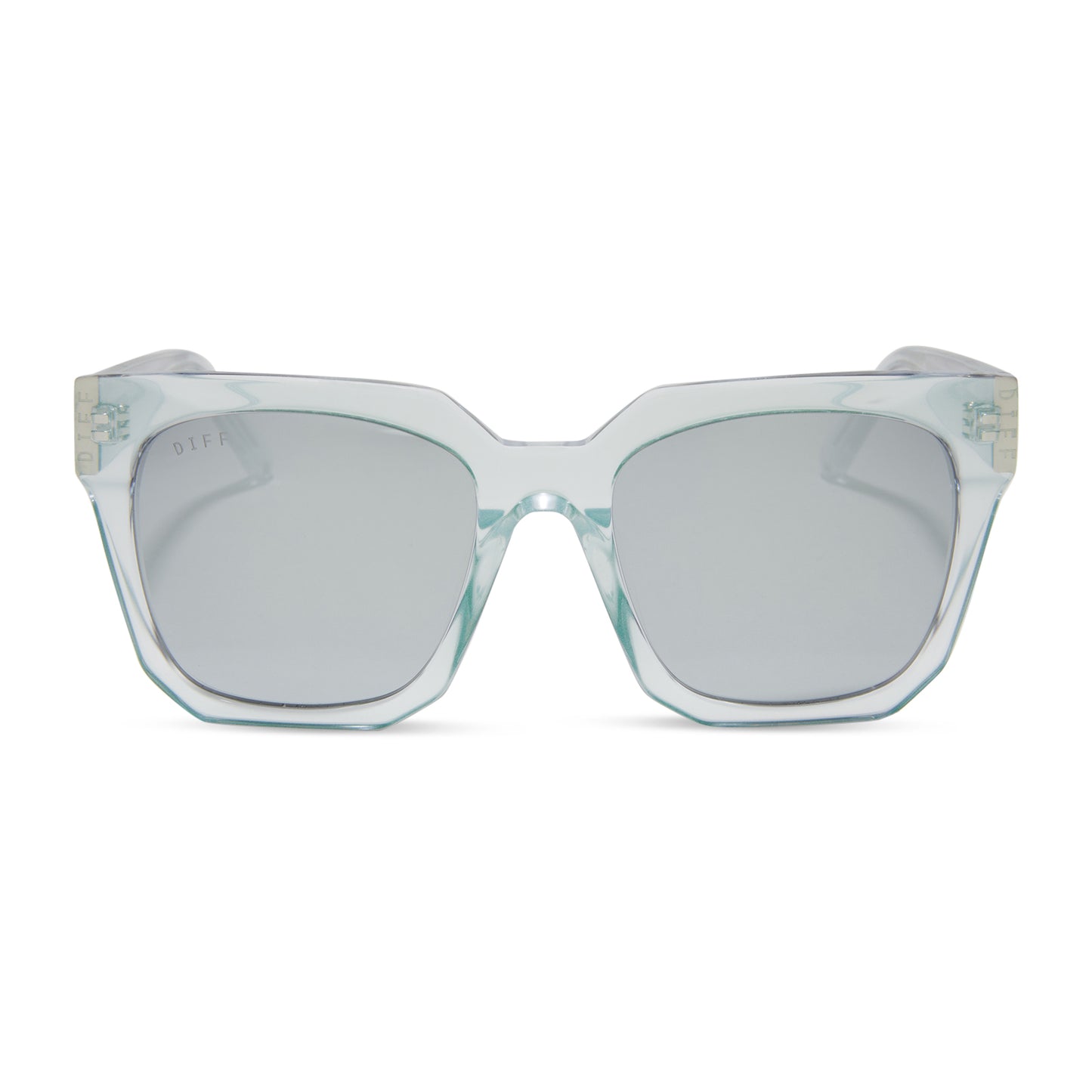 diff eyewear featuring the ariana square sunglasses with a opalescent turquoise frame and silver mirror lenses front view