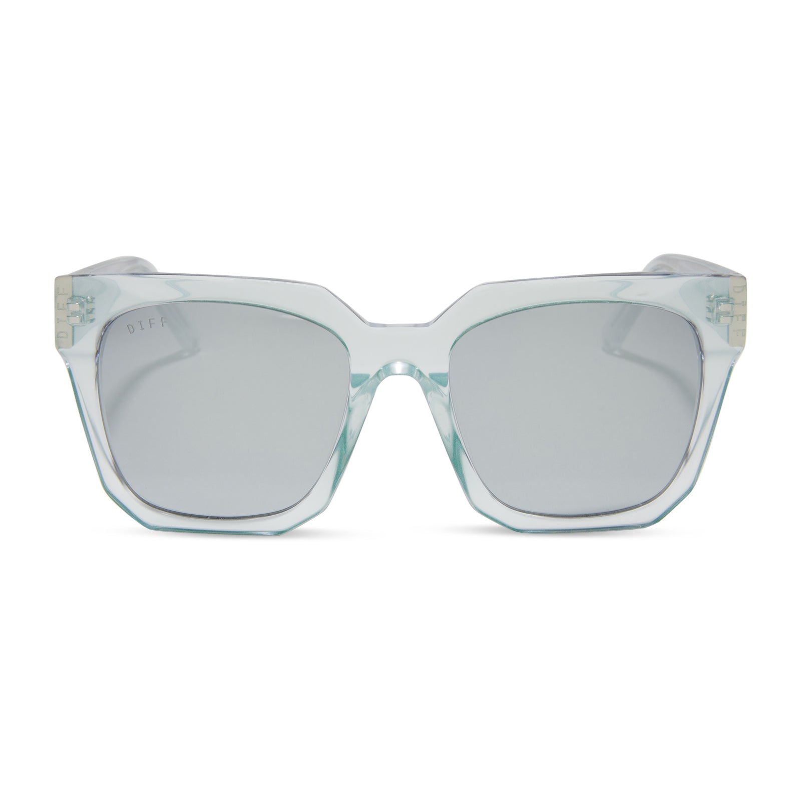 diff eyewear featuring the ariana square sunglasses with a opalescent turquoise frame and silver mirror lenses front view
