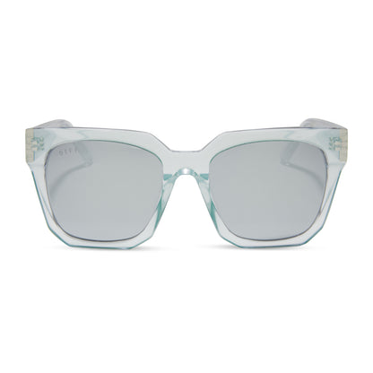 diff eyewear featuring the ariana square sunglasses with a opalescent turquoise frame and silver mirror lenses front view