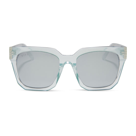 diff eyewear featuring the ariana square sunglasses with a opalescent turquoise frame and silver mirror lenses front view