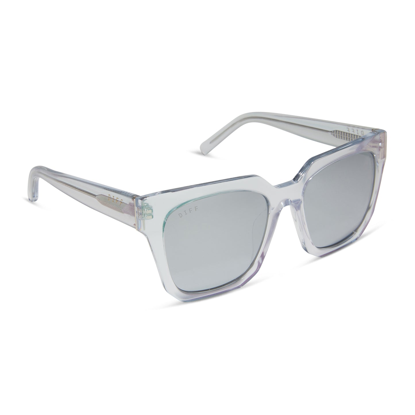 diff eyewear featuring the ariana square sunglasses with a opalescent turquoise frame and silver mirror lenses angled view