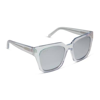 diff eyewear featuring the ariana square sunglasses with a opalescent turquoise frame and silver mirror lenses angled view