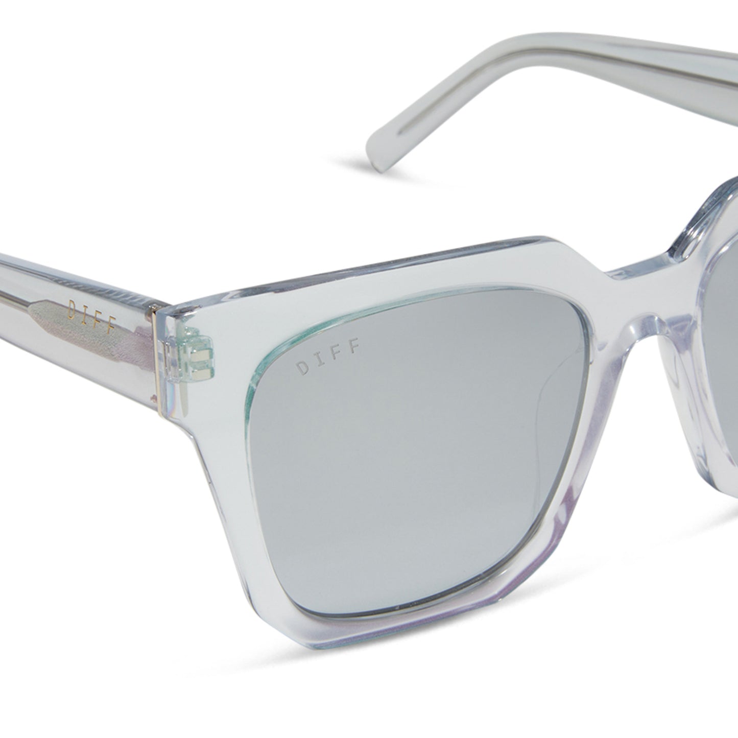diff eyewear featuring the ariana square sunglasses with a opalescent turquoise frame and silver mirror lenses detailed view