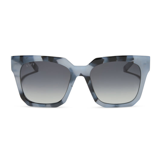 diff eyewear featuring the ariana square sunglasses with a retro blue tortoise frame and grey gradient lenses front view