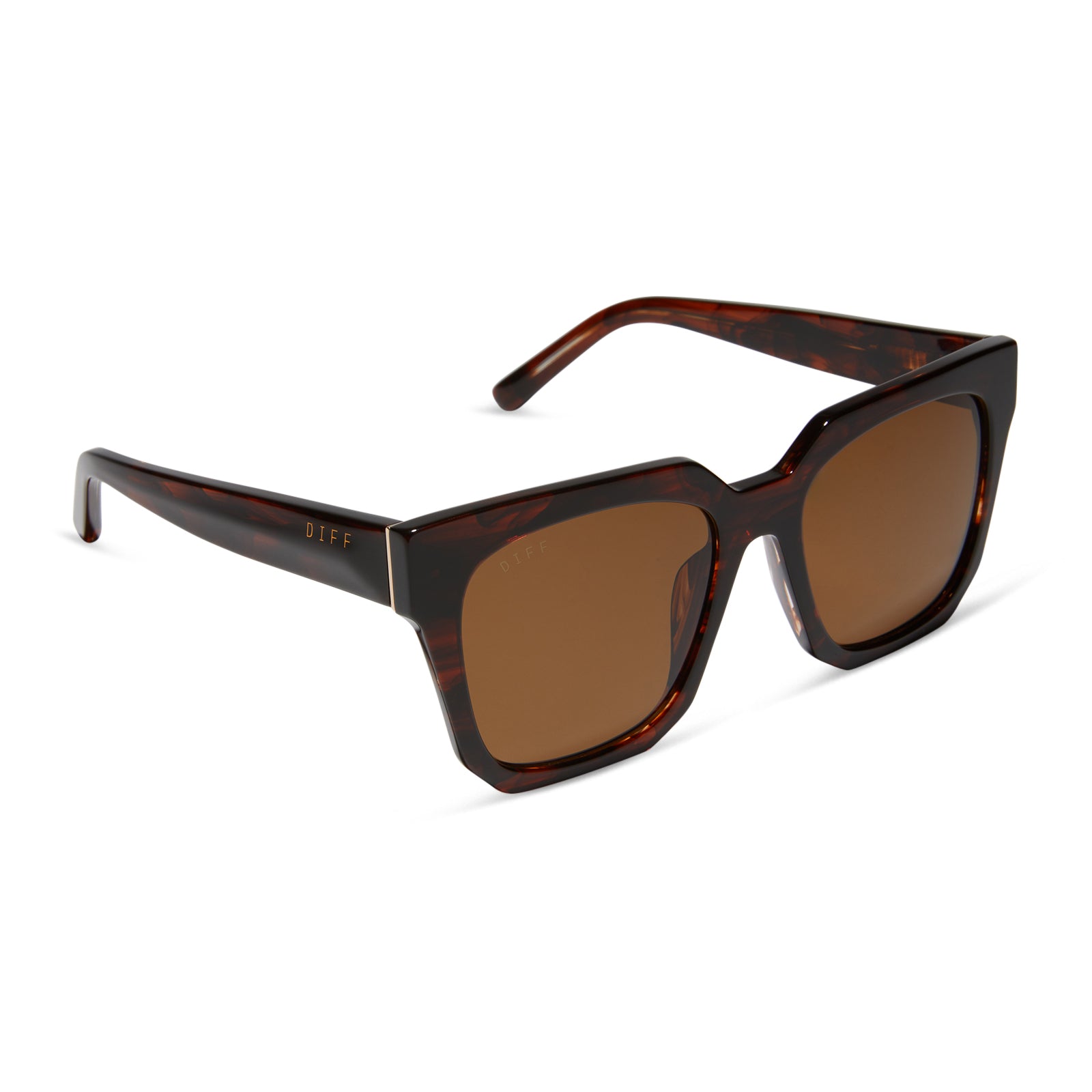 diff eyewear featuring the ariana square sunglasses with a sequoia tortoise frame and brown polarized lenses angled view