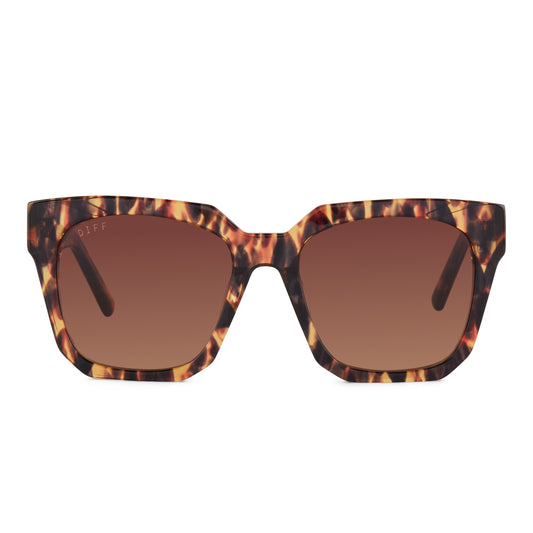 diff eyewear ariana square sunglasses with a wild tortoise frame and brown gradient lenses front view