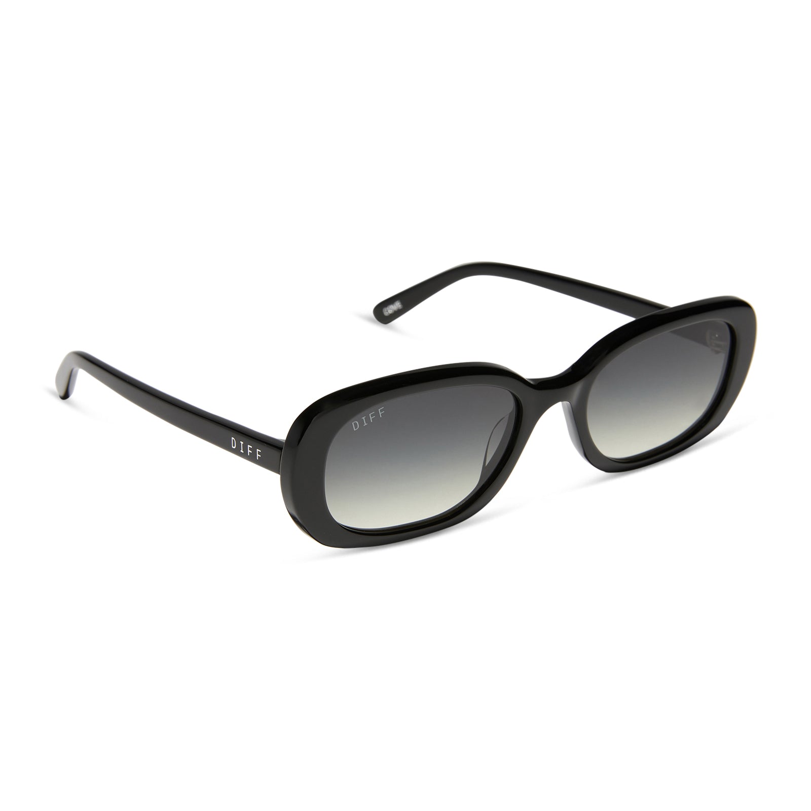 aspyn ovard x diff eyewear featuring the cove oval sunglasses with a black frame and grey gradient lenses angled view