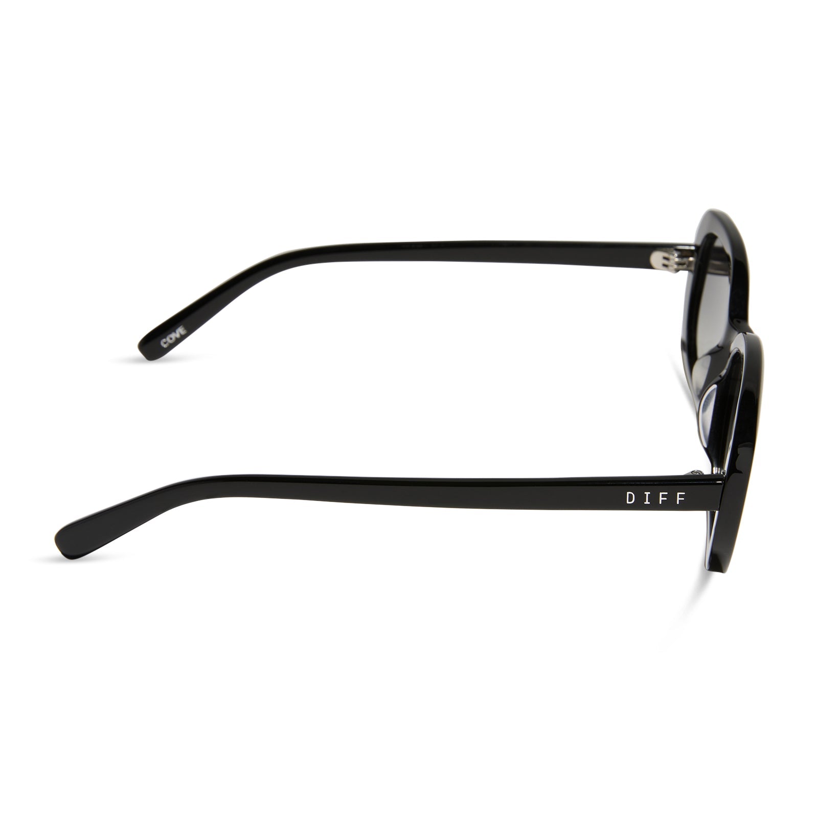 aspyn ovard x diff eyewear featuring the cove oval sunglasses with a black frame and grey gradient lenses side view