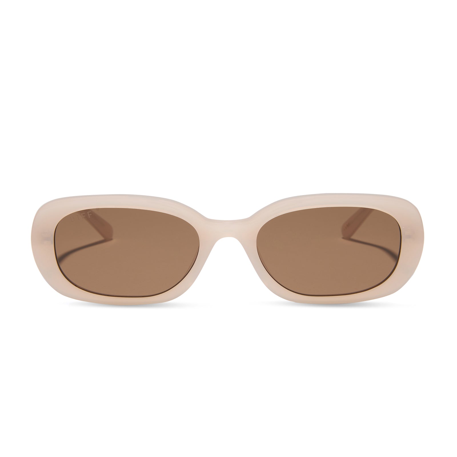 aspyn ovard x diff eyewear featuring the cove oval sunglasses with a milky blush frame and brown lenses front view
