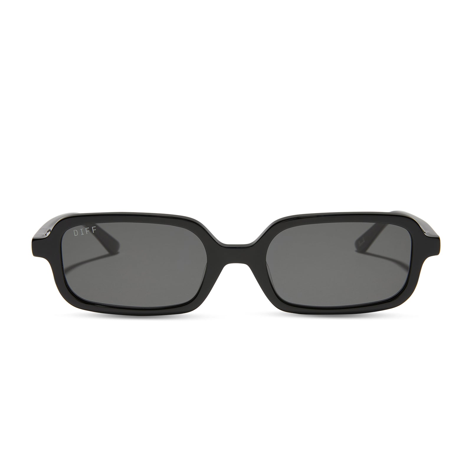 aspyn ovard x diff eyewear featuring the elle rectangle sunglasses with a black frame and grey lenses front view
