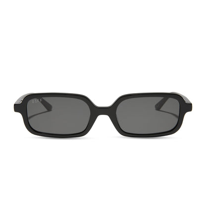aspyn ovard x diff eyewear featuring the elle rectangle sunglasses with a black frame and grey lenses front view