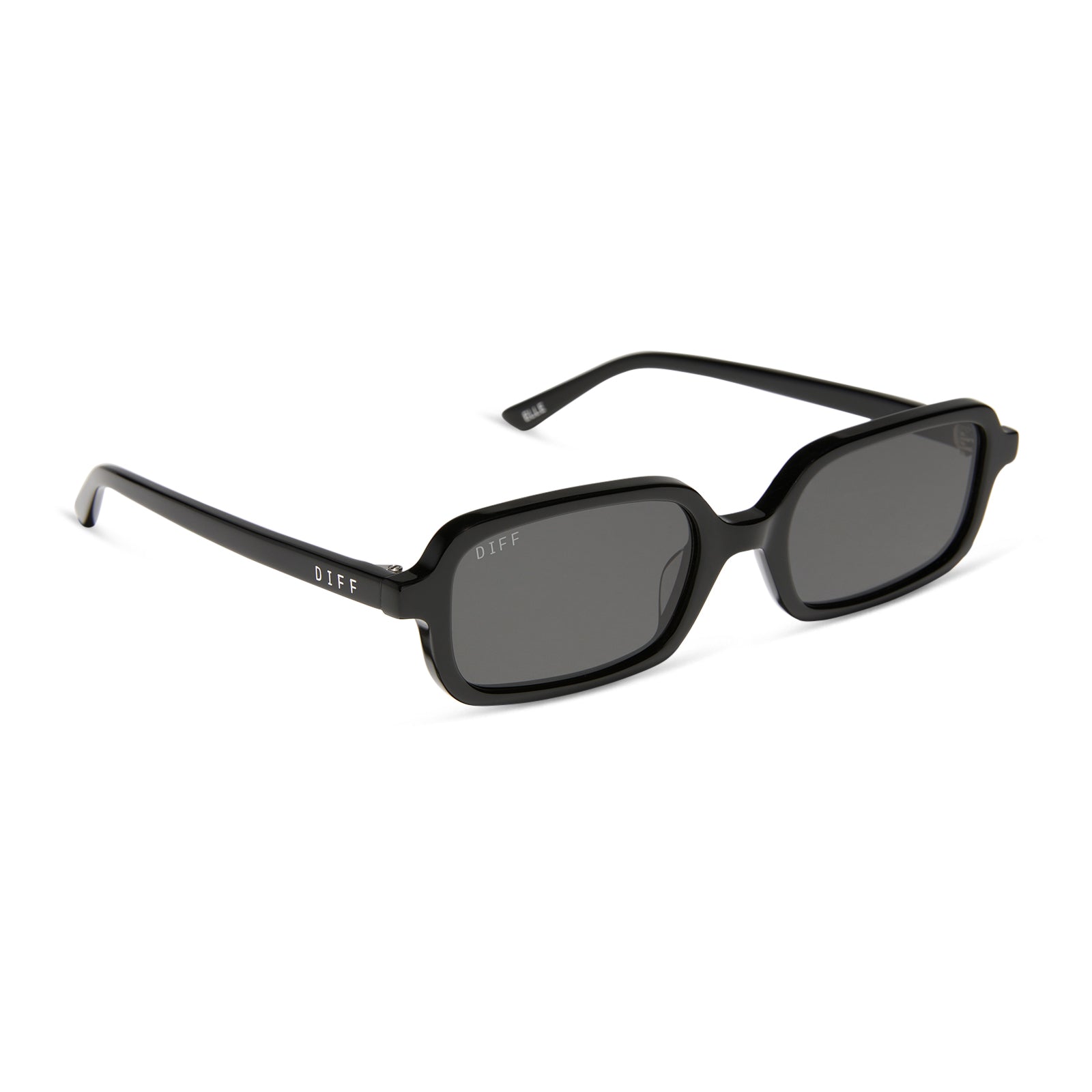 aspyn ovard x diff eyewear featuring the elle rectangle sunglasses with a black frame and grey lenses angled view
