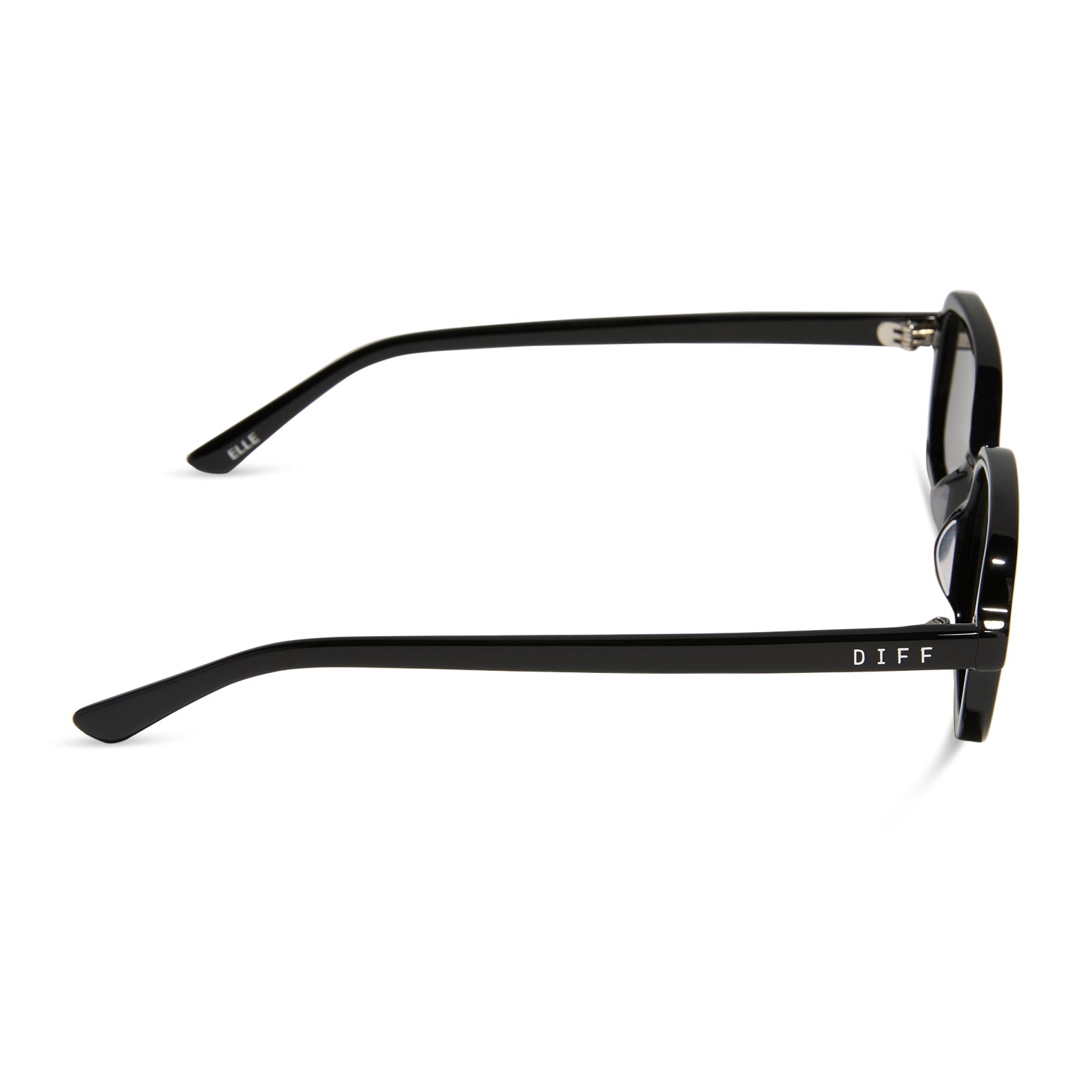 aspyn ovard x diff eyewear featuring the elle rectangle sunglasses with a black frame and grey lenses side view