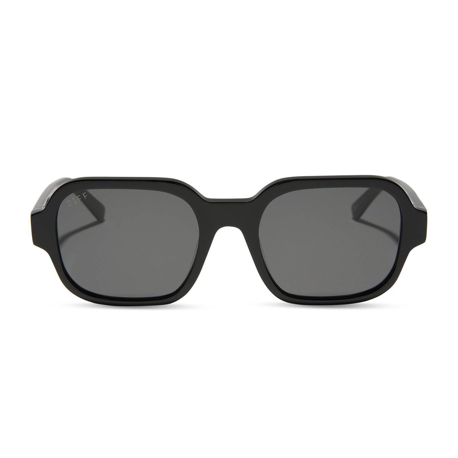 aspyn ovard x diff eyewear featuring the lola square sunglasses with a black frame and grey lenses front view