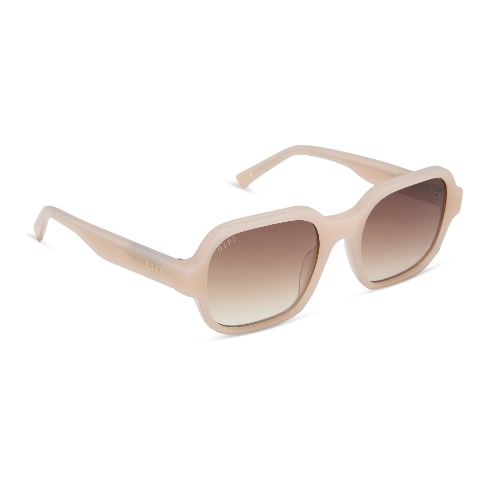 aspyn ovard x diff eyewear featuring the lola square sunglasses with a milky blush frame and brown gradient lenses angled view