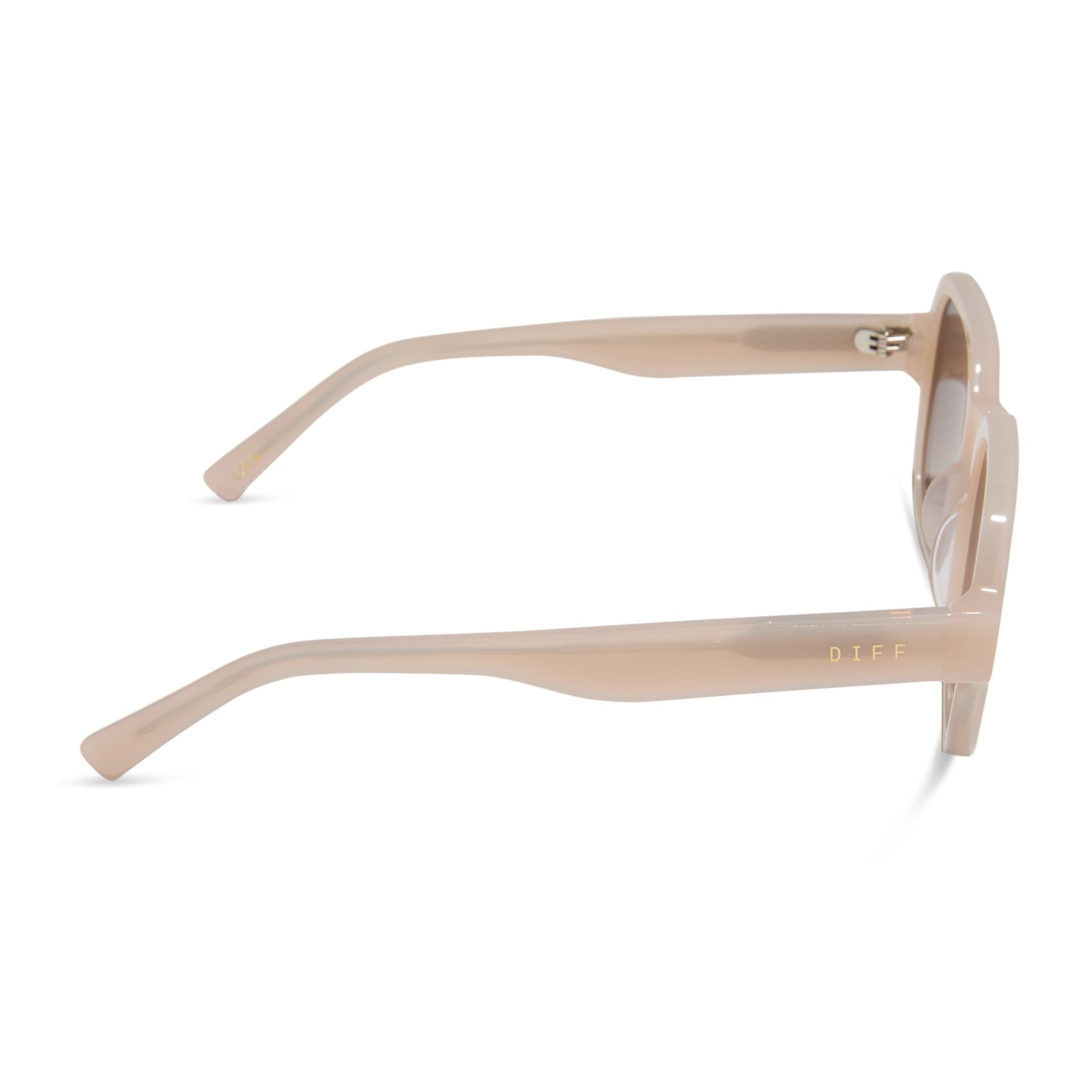 aspyn ovard x diff eyewear featuring the lola square sunglasses with a milky blush frame and brown gradient lenses side view