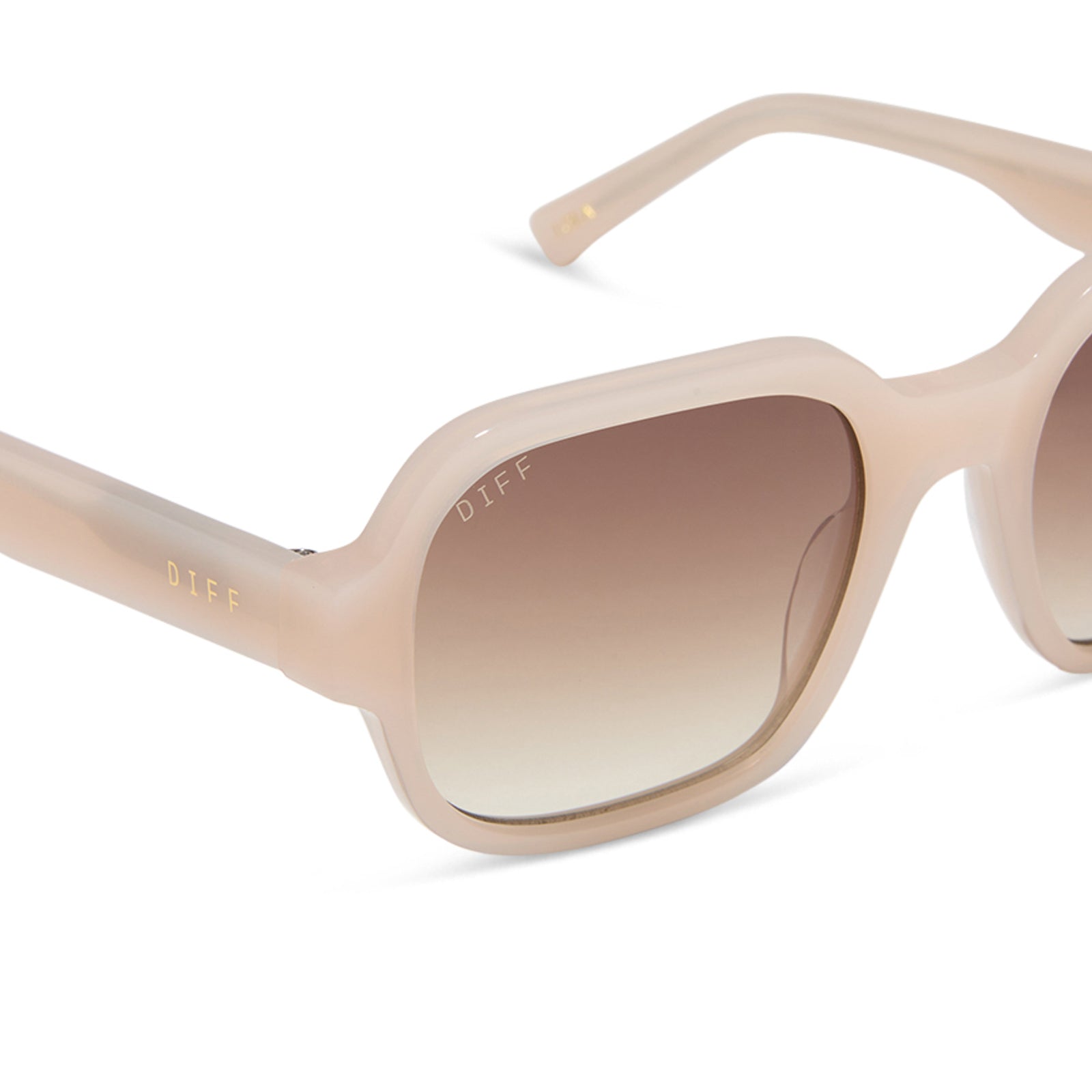 aspyn ovard x diff eyewear featuring the lola square sunglasses with a milky blush frame and brown gradient lenses detailed view