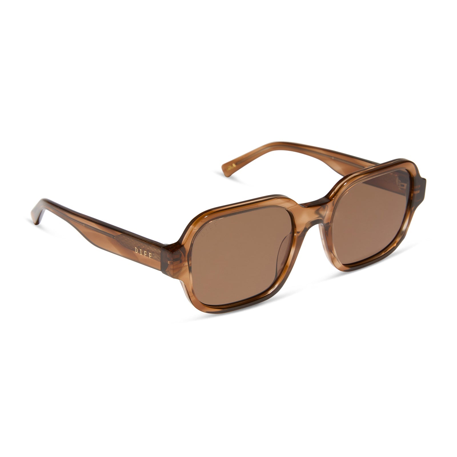 aspyn ovard x diff eyewear featuring the lola square sunglasses with a tortoise frame and brown lenses angled view