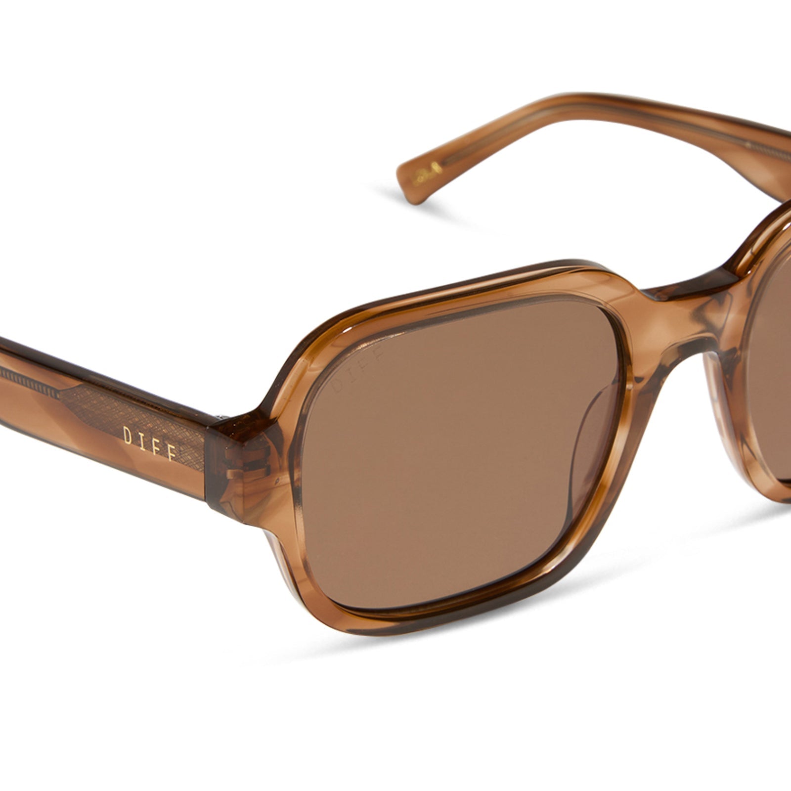 aspyn ovard x diff eyewear featuring the lola square sunglasses with a tortoise frame and brown lenses detailed view