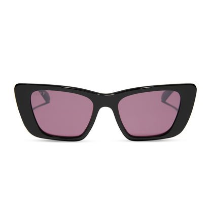 diff eyewear featuring the aura square sunglasses with a black frame and aubergine with silver flash polarized lenses front view
