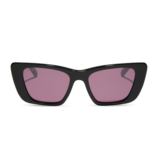 diff eyewear featuring the aura square sunglasses with a black frame and aubergine with silver flash polarized lenses front view