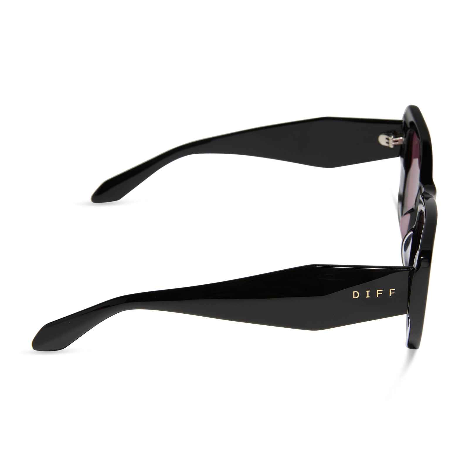 diff eyewear featuring the aura square sunglasses with a black frame and aubergine with silver flash polarized lenses side view