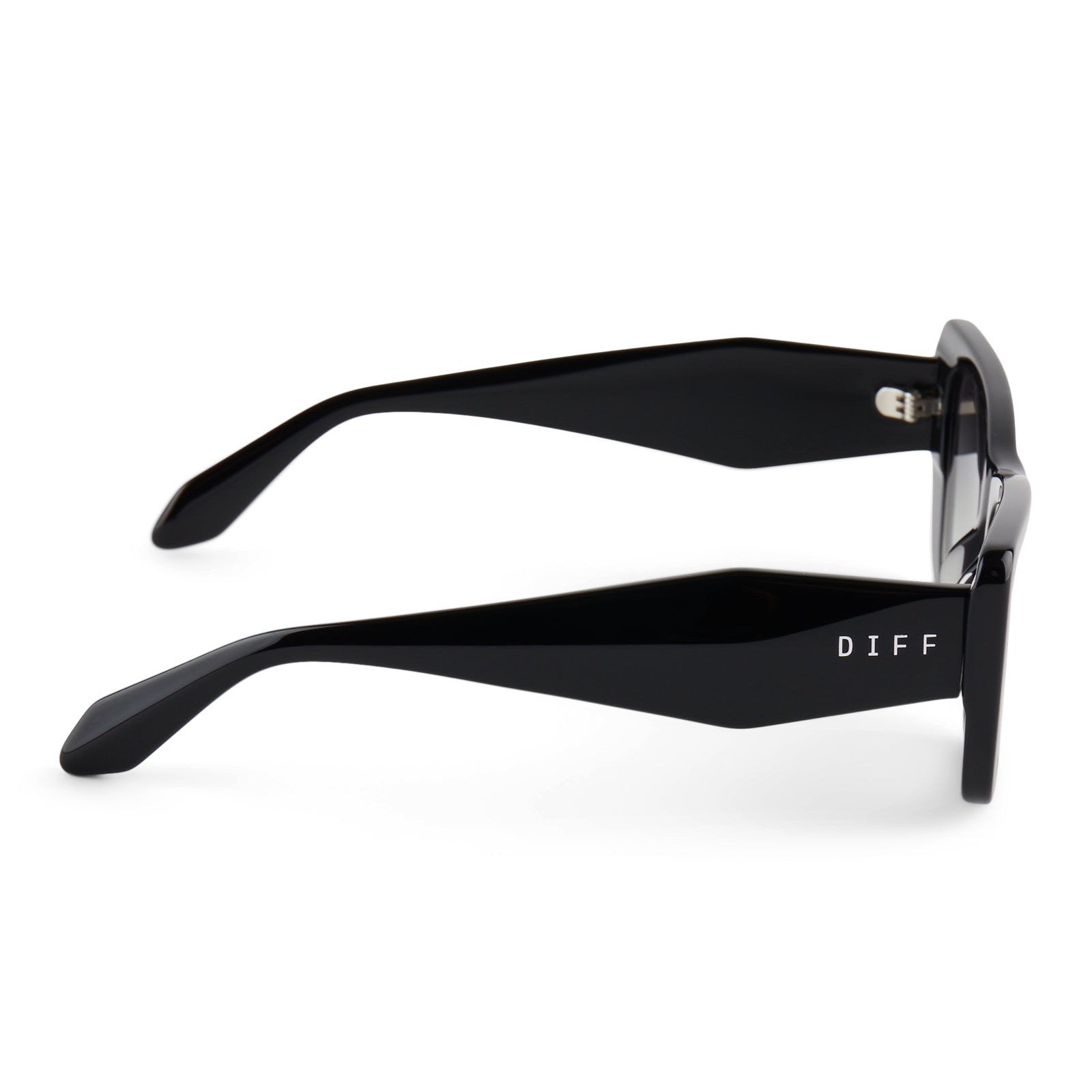 diff eyewear aura square sunglasses with a black frame and grey gradient lenses side view