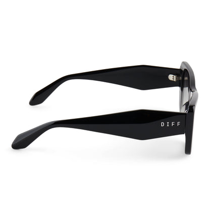 diff eyewear aura square sunglasses with a black frame and grey gradient lenses side view