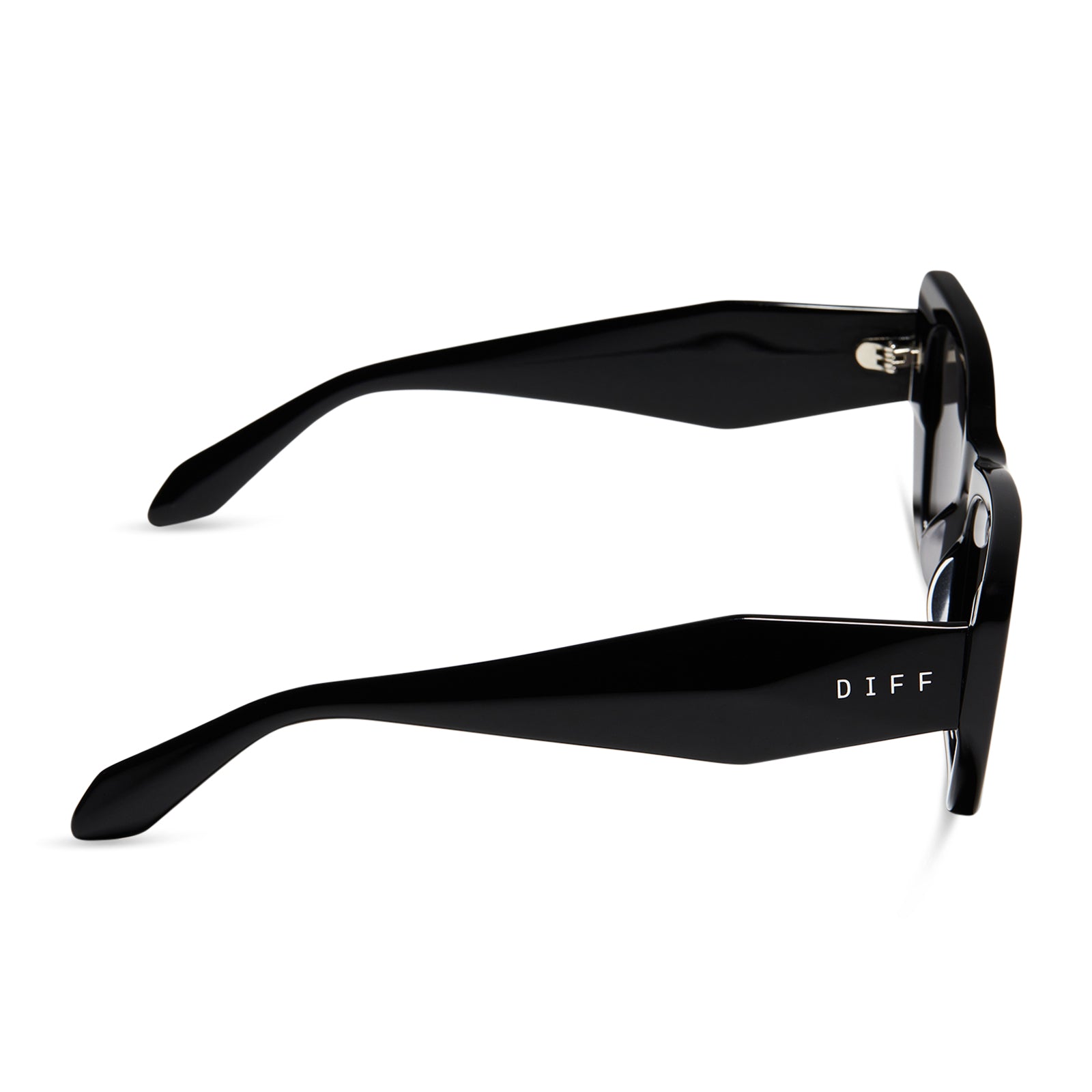 diff eyewear featuring the aura square sunglasses with a black frame and grey polarized lenses side view