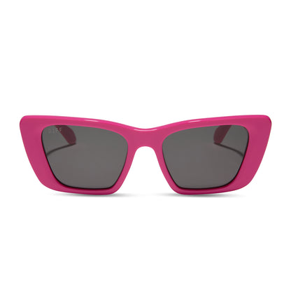 diff eyewear featuring the aura square sunglasses with a bright pink frame and grey lenses front view