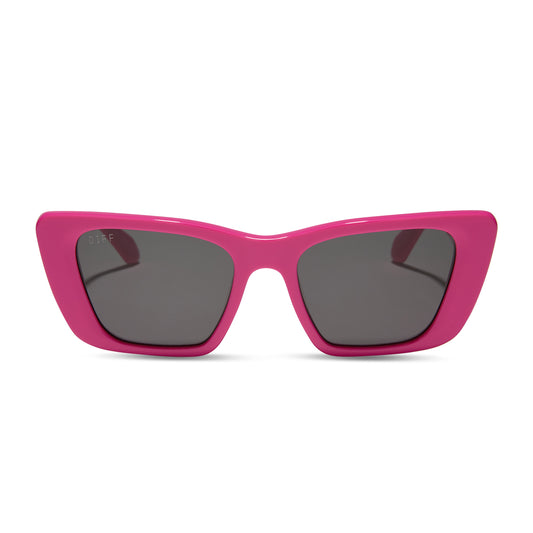 diff eyewear featuring the aura square sunglasses with a bright pink frame and grey lenses front view