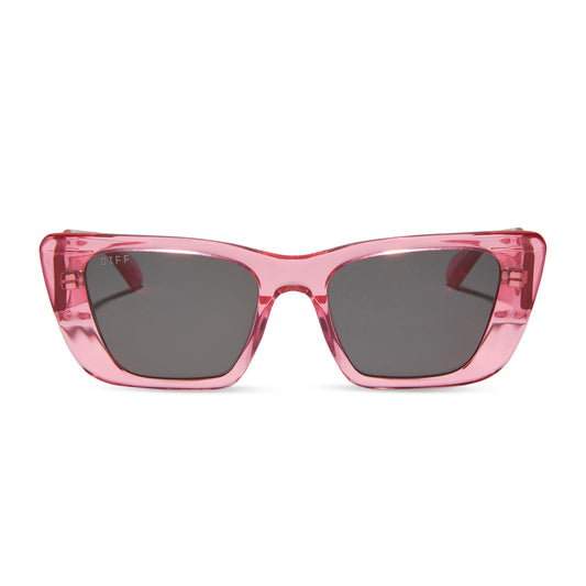 diff eyewear featuring the aura square sunglasses with a candy pink crystal frame and grey polarized lenses front view