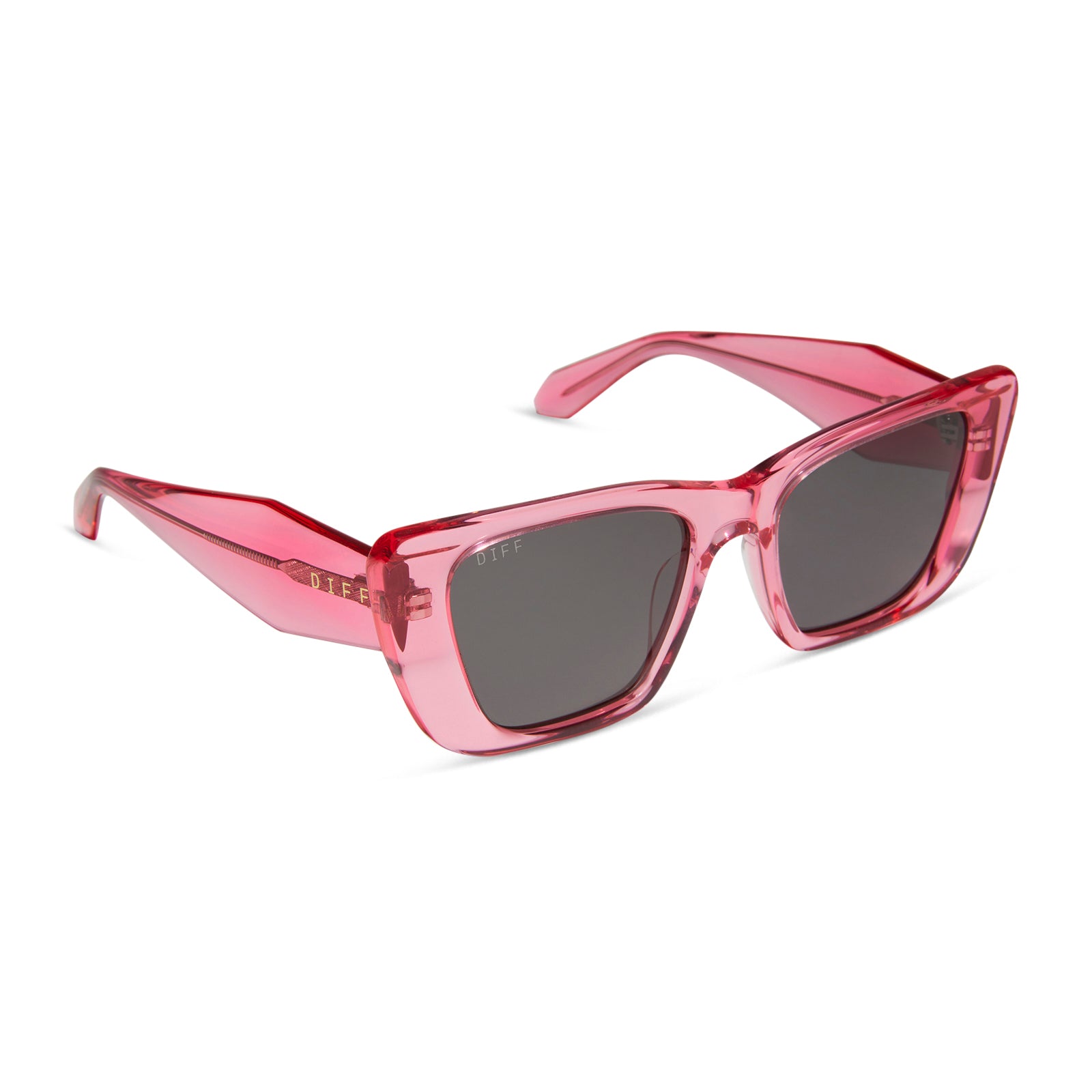 diff eyewear featuring the aura square sunglasses with a candy pink crystal frame and grey polarized lenses angled view