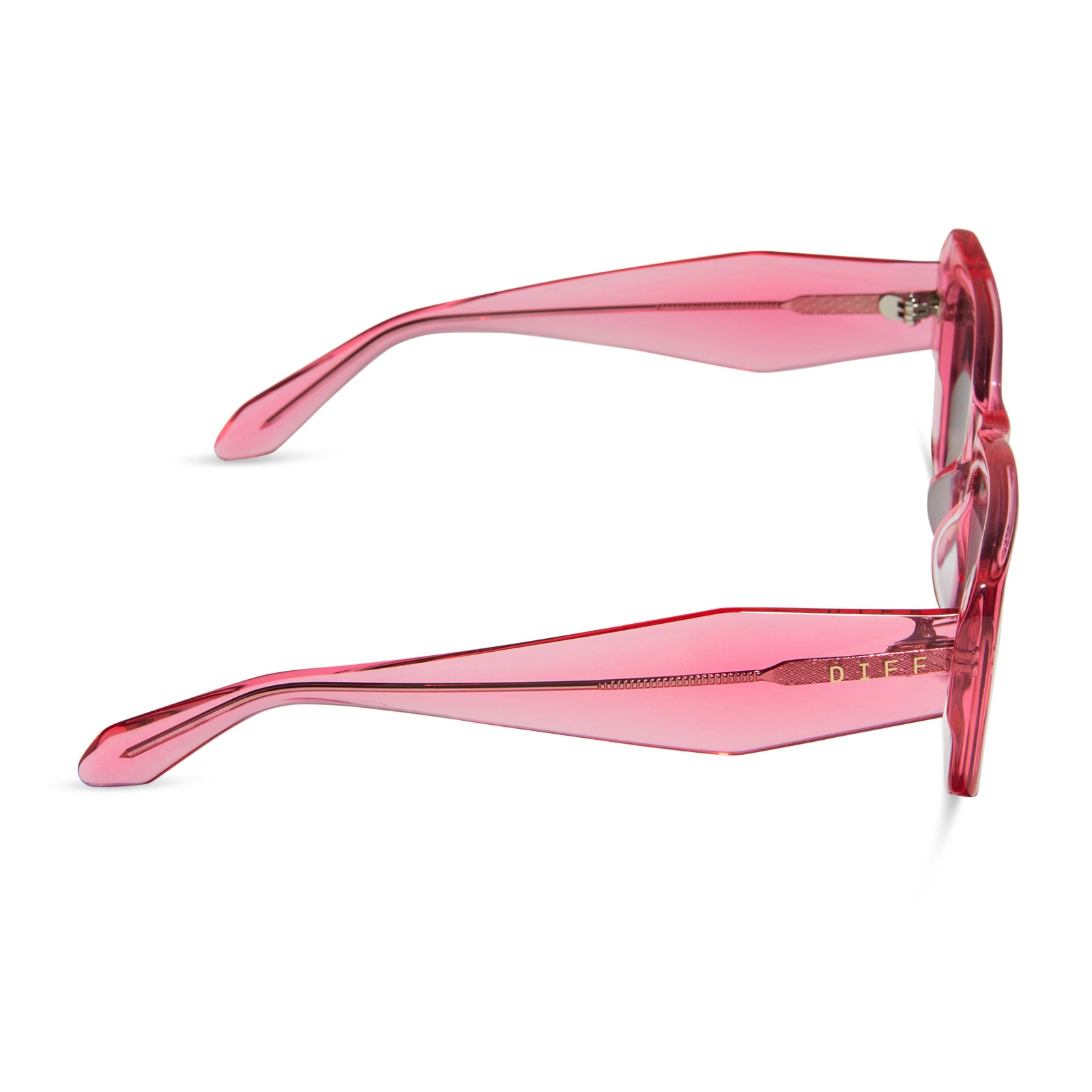 diff eyewear featuring the aura square sunglasses with a candy pink crystal frame and grey polarized lenses side view