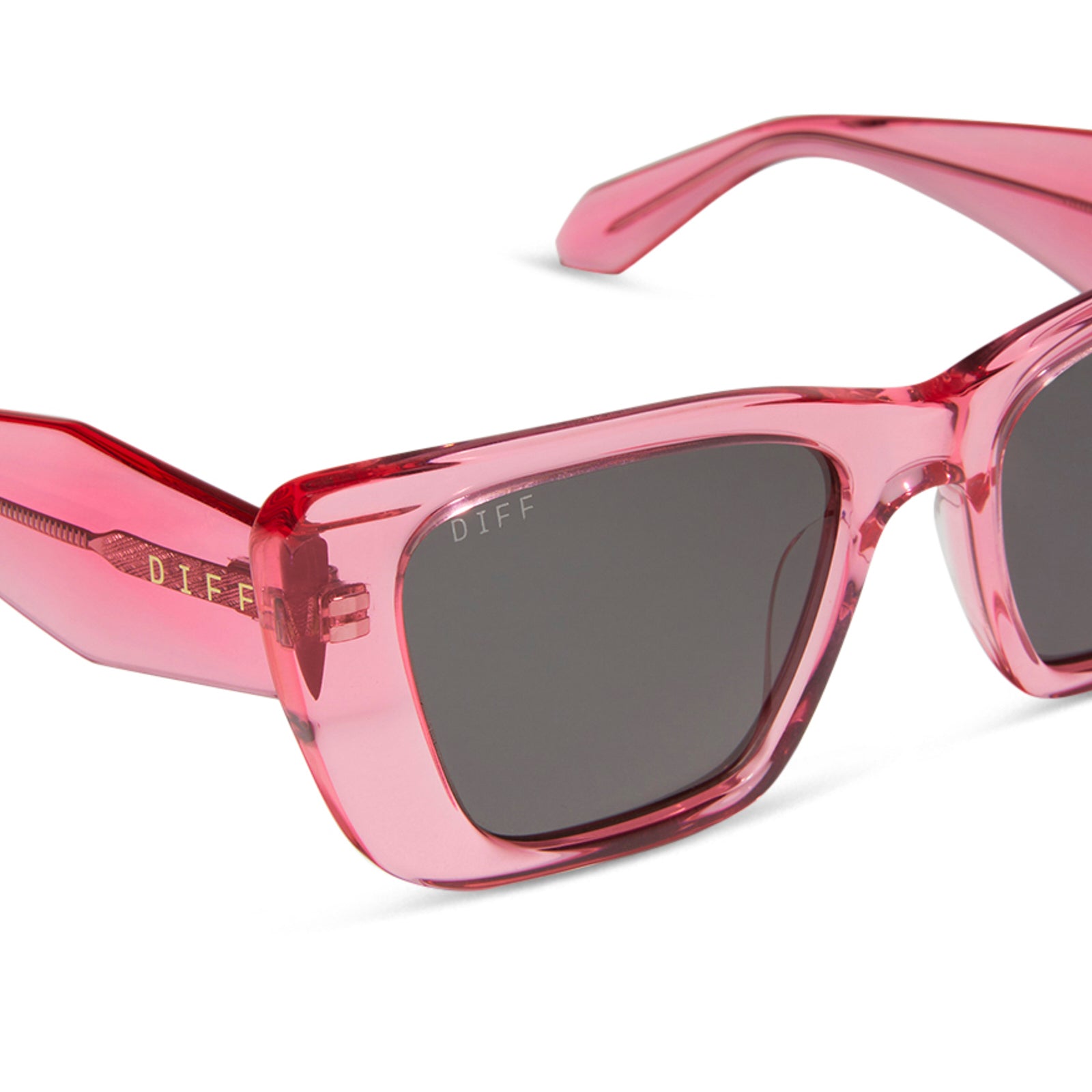 diff eyewear featuring the aura square sunglasses with a candy pink crystal frame and grey polarized lenses detailed view