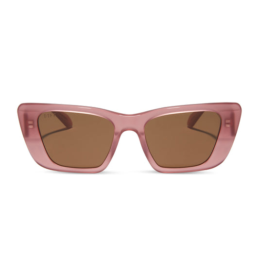 diff eyewear featuring the aura square sunglasses with a guava frame and brown lenses front view