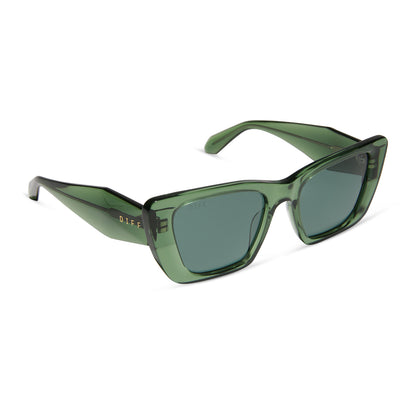 diff eyewear featuring the aura square sunglasses with a sage crystal frame and g15 polarized lenses angled view