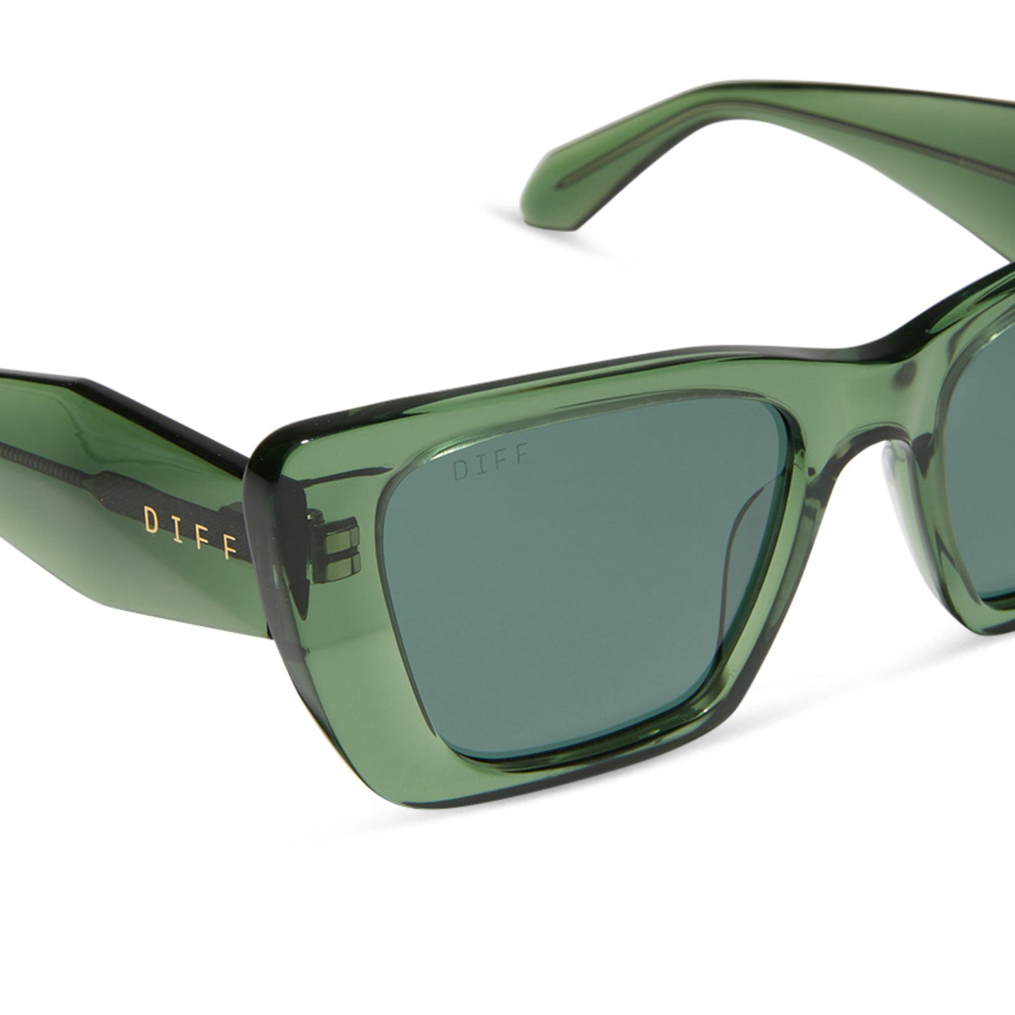 diff eyewear featuring the aura square sunglasses with a sage crystal frame and g15 polarized lenses detailed view