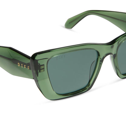 diff eyewear featuring the aura square sunglasses with a sage crystal frame and g15 polarized lenses detailed view