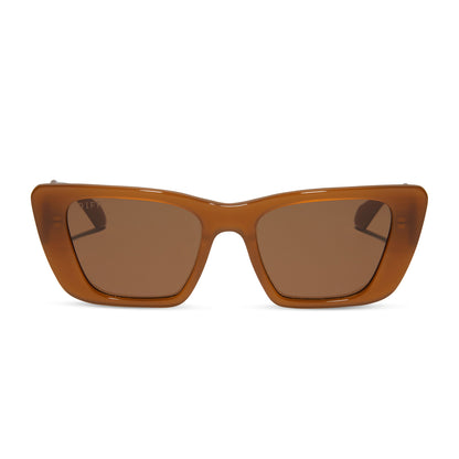 diff eyewear featuring the aura square sunglasses with a salted caramel frame and brown lenses front view