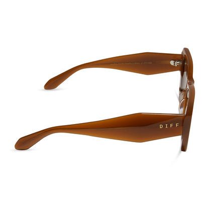 diff eyewear featuring the aura square sunglasses with a salted caramel frame and brown lenses side view