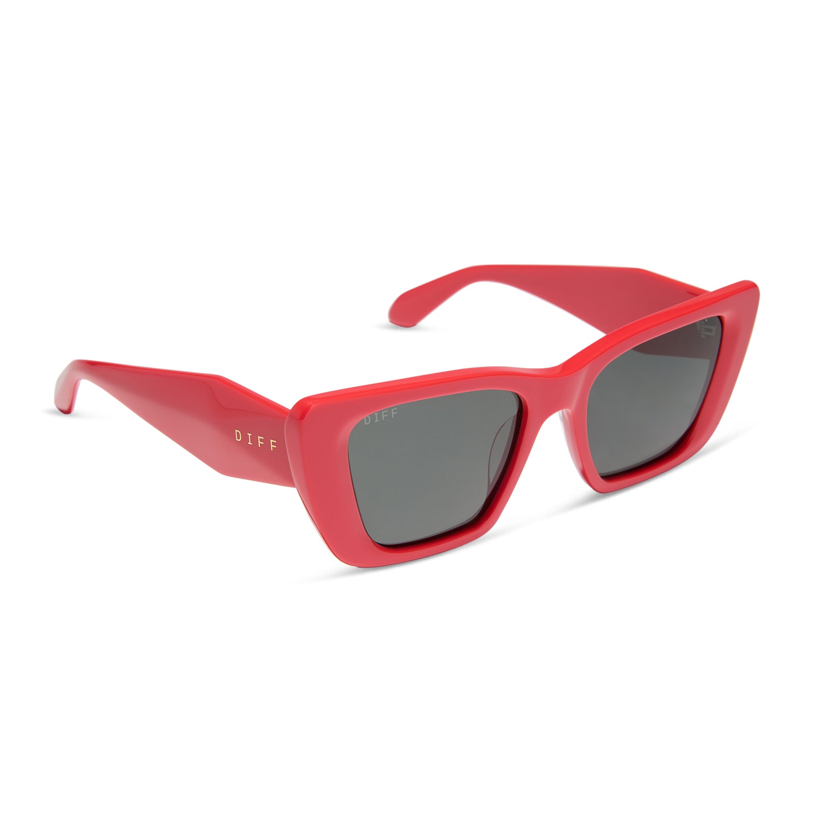 diff eyewear wholesale aura square sunglasses with a sunset red frame and grey lenses angled view