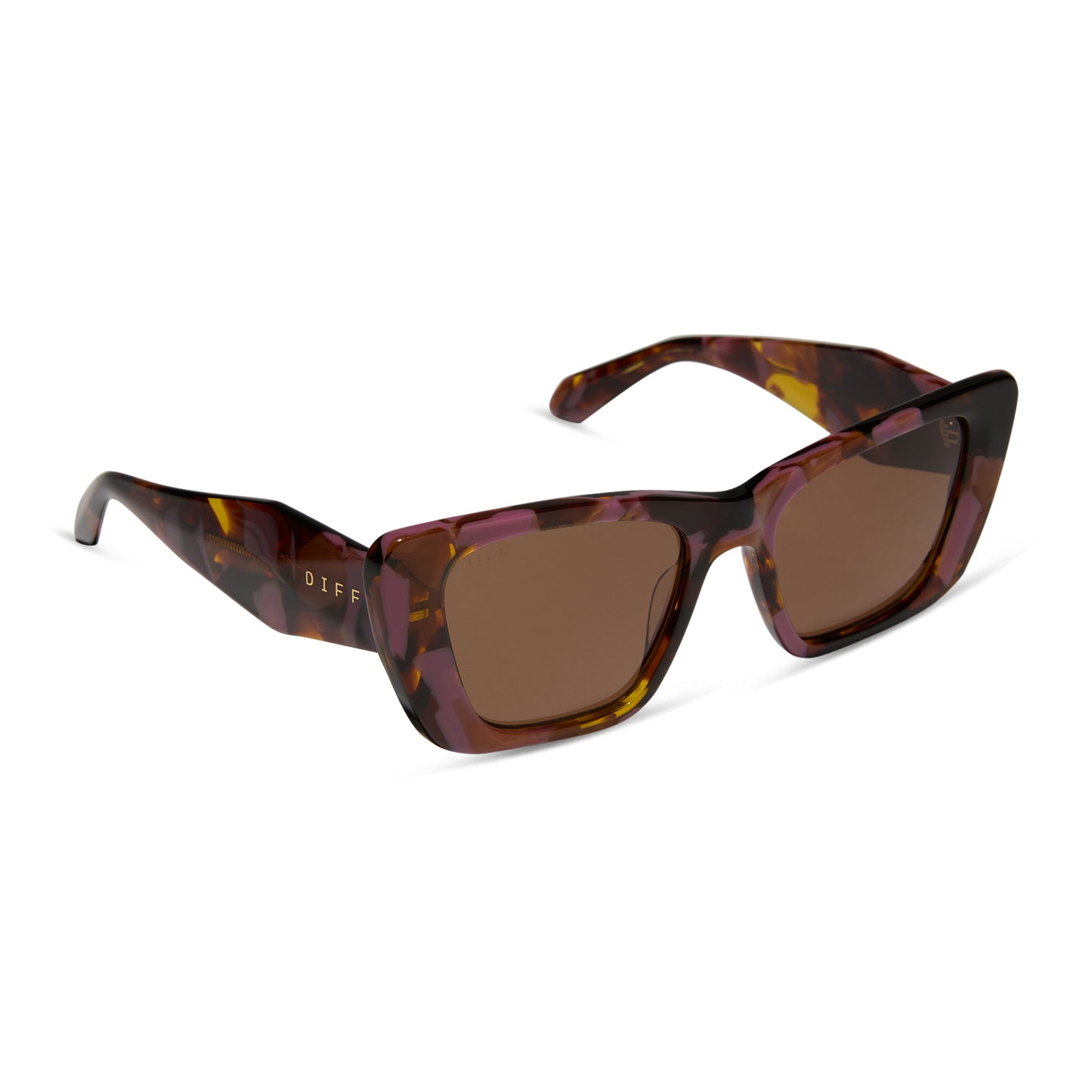 diff eyewear featuring the aura square sunglasses with a torino tortoise frame and brown lenses angled view