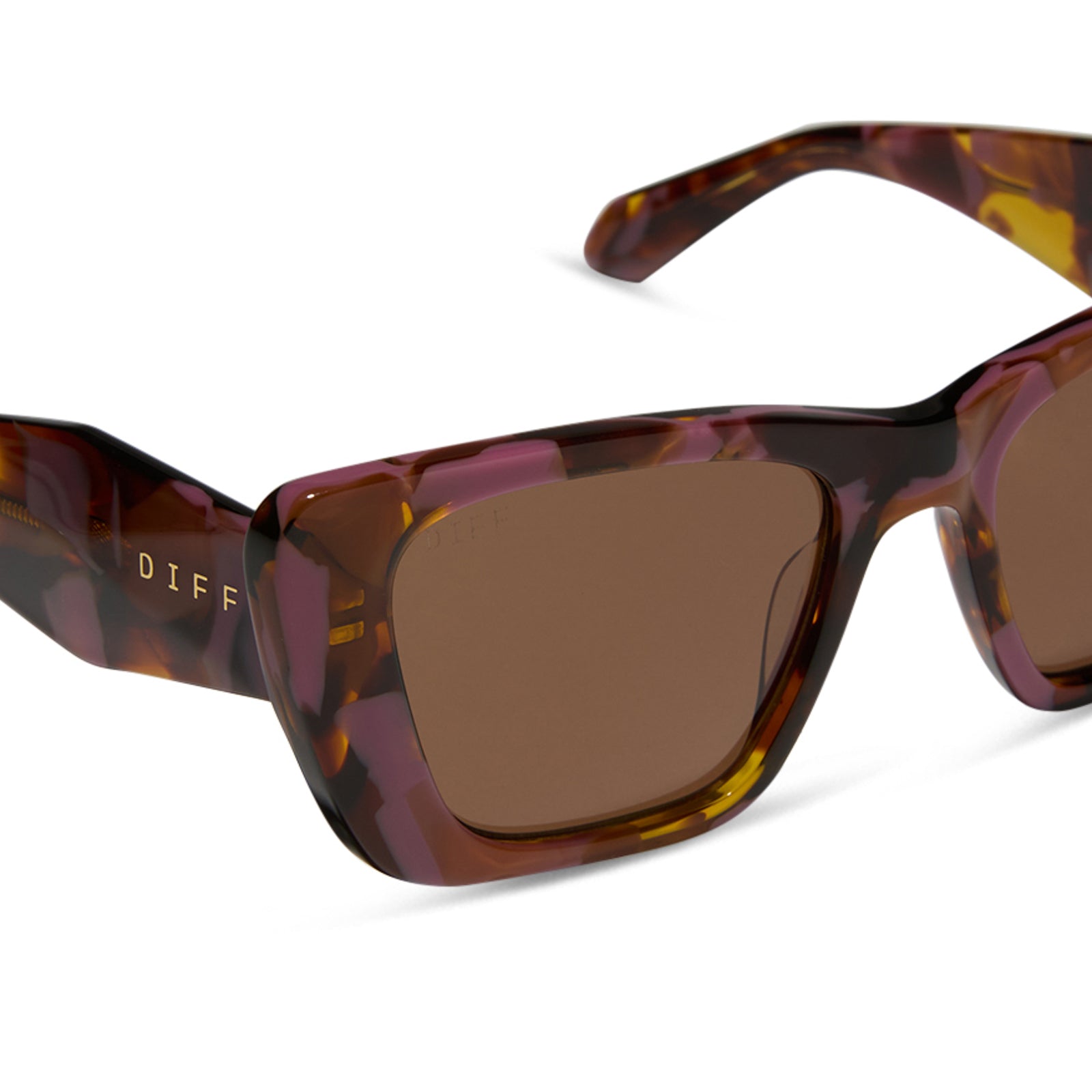 diff eyewear featuring the aura square sunglasses with a torino tortoise frame and brown lenses detailed view