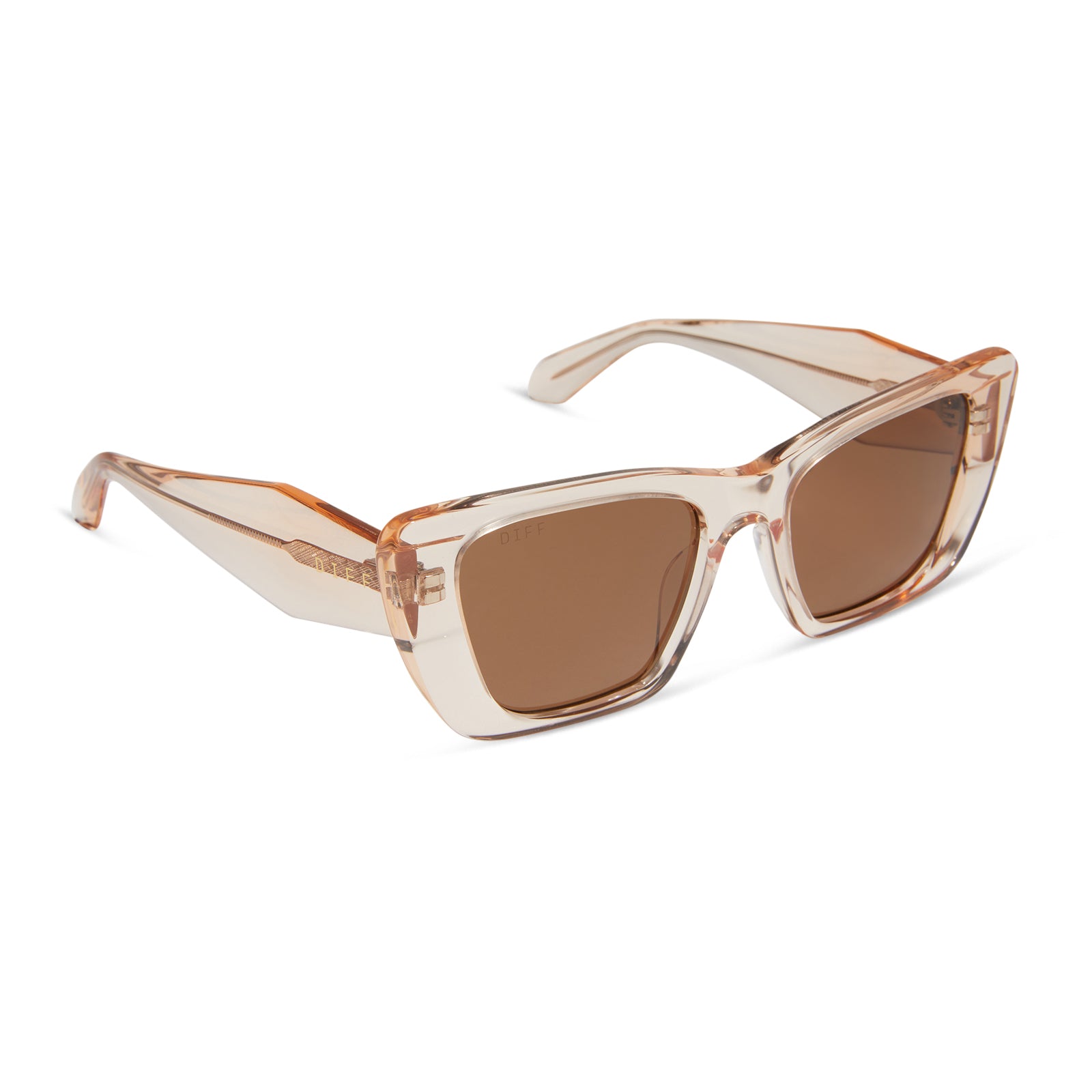 diff eyewear featuring the aura square sunglasses with a vintage rose crystal frame and brown lenses angled view