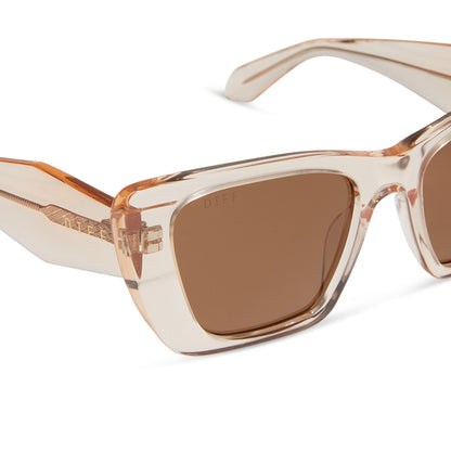 diff eyewear featuring the aura square sunglasses with a vintage rose crystal frame and brown lenses detailed view